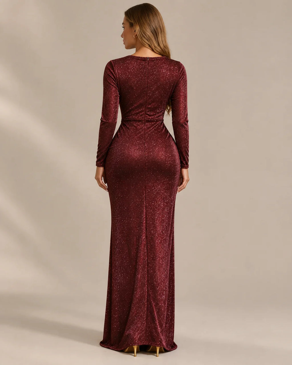 Shimmer Wrap V Neck Long Sleeve Maxi Dress – High Slit Evening Gown | Oyese