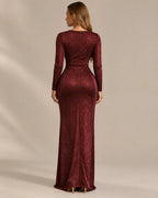 Shimmer Wrap V Neck Long Sleeve Maxi Dress – High Slit Evening Gown | Oyese