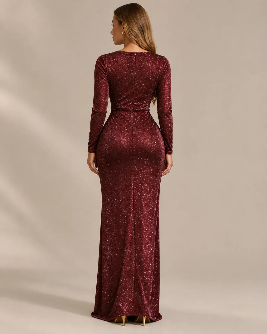 Shimmer Wrap V Neck Long Sleeve Maxi Dress – High Slit Evening Gown | Oyese