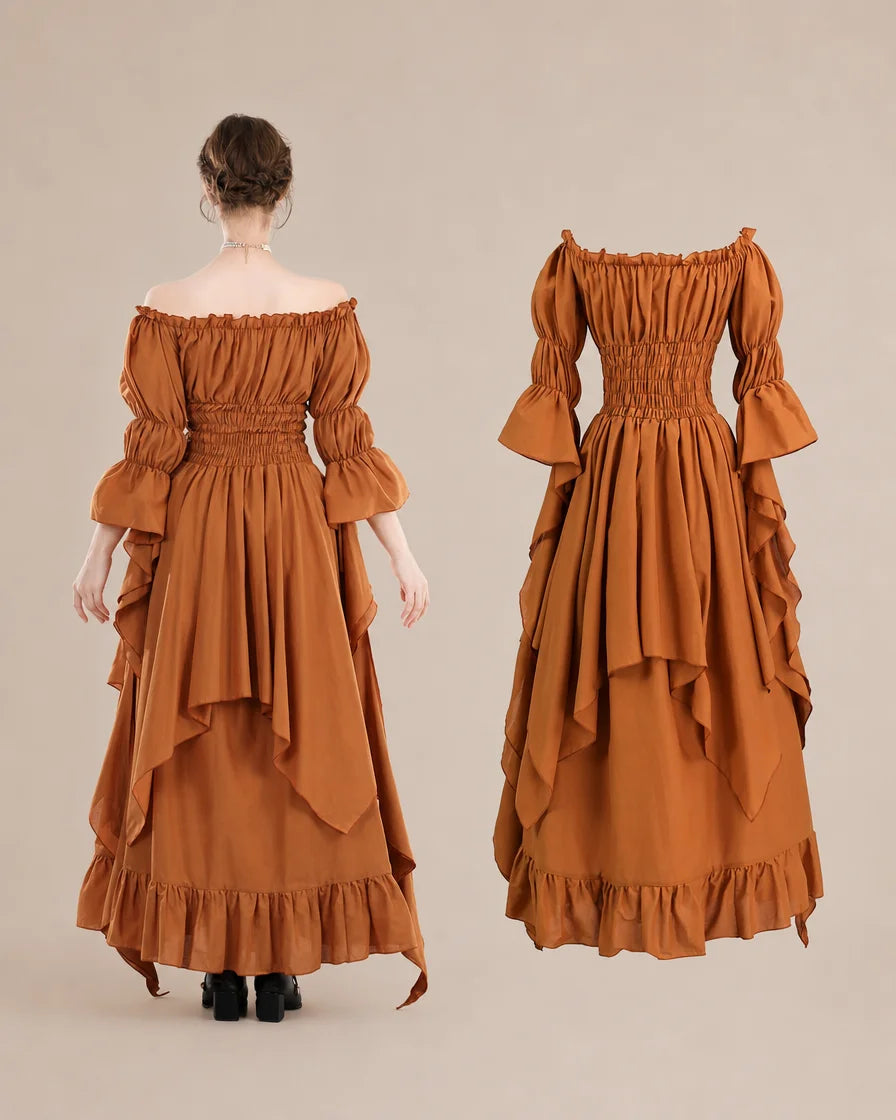 A model is shown from the back wearing a rust-brown off-the-shoulder maxi dress with layered ruffles, paired with black boots. A second view of the same dress is shown to the right against a solid beige background.
