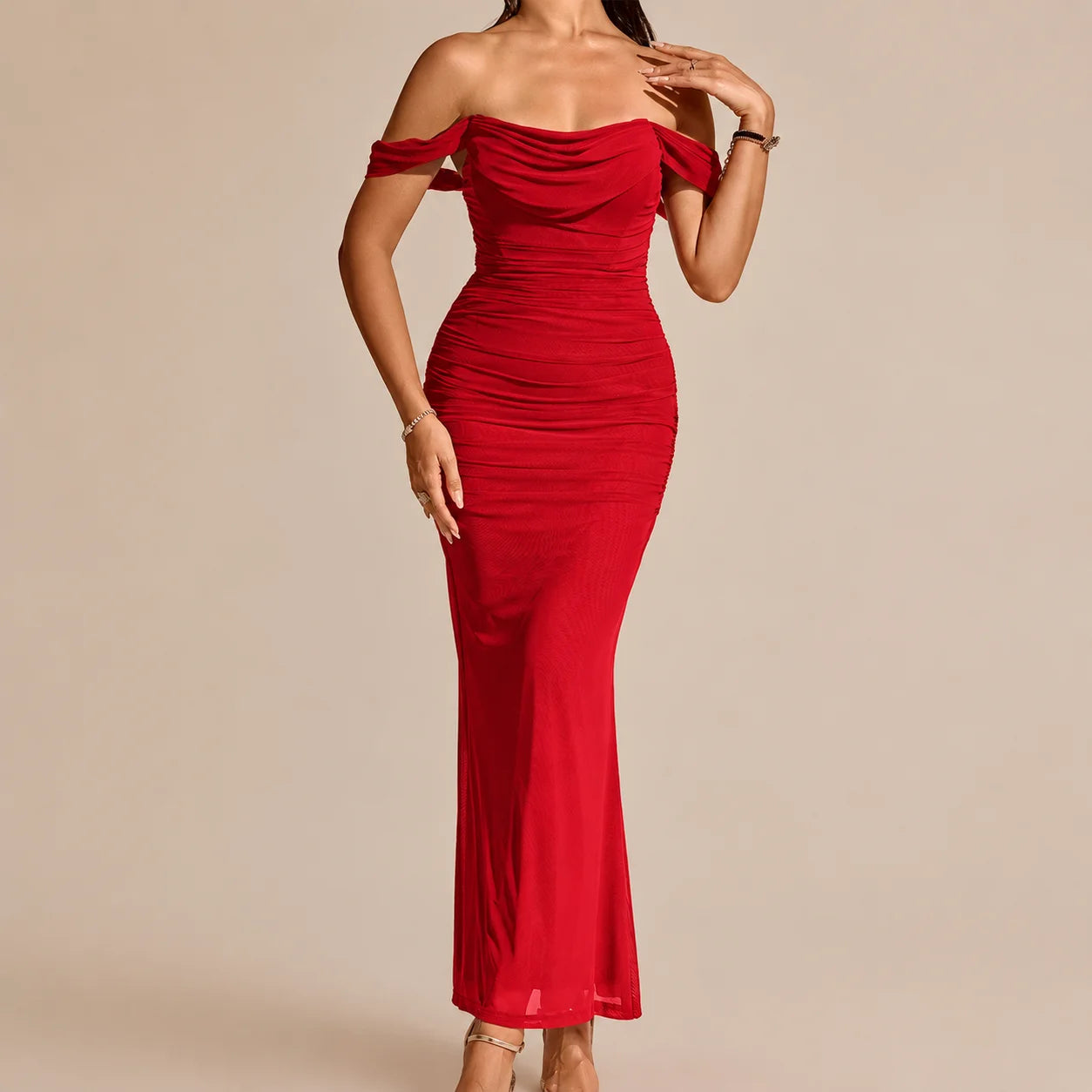 Off-Shoulder Ruched Mesh Bodycon Maxi Dress – Mermaid Evening Gown | Oyese
