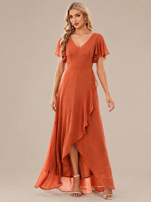 Double V-Neck Flutter Sleeve Flowy Slit Maxi Gown | Oyese