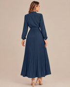 Ruffled Mock Neck Belted Pleated Midi Dress | Oyese