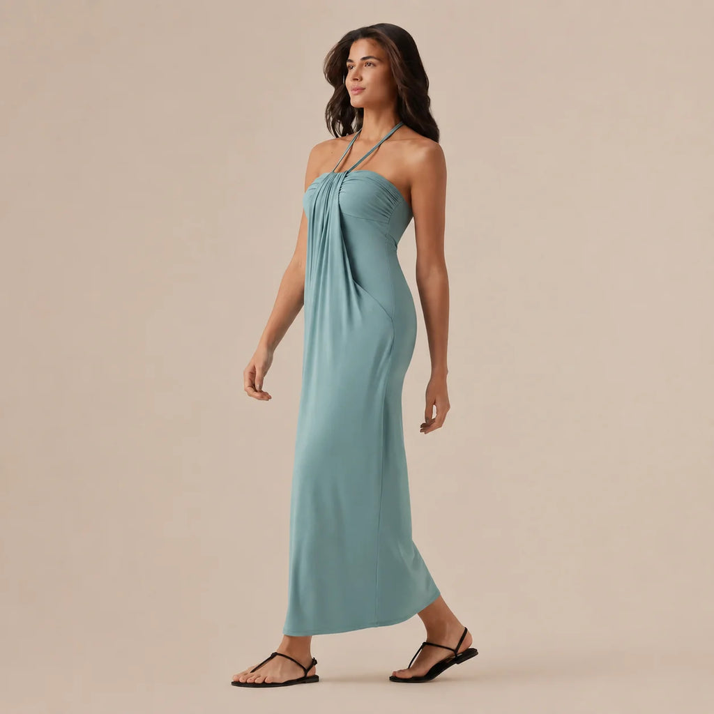 Halter Tie Gathered Maxi Dress with Pockets – Relaxed Summer Drape | Oyese
