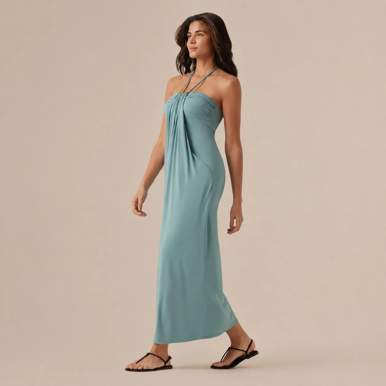 Halter Tie Gathered Maxi Dress with Pockets – Relaxed Summer Drape | Oyese