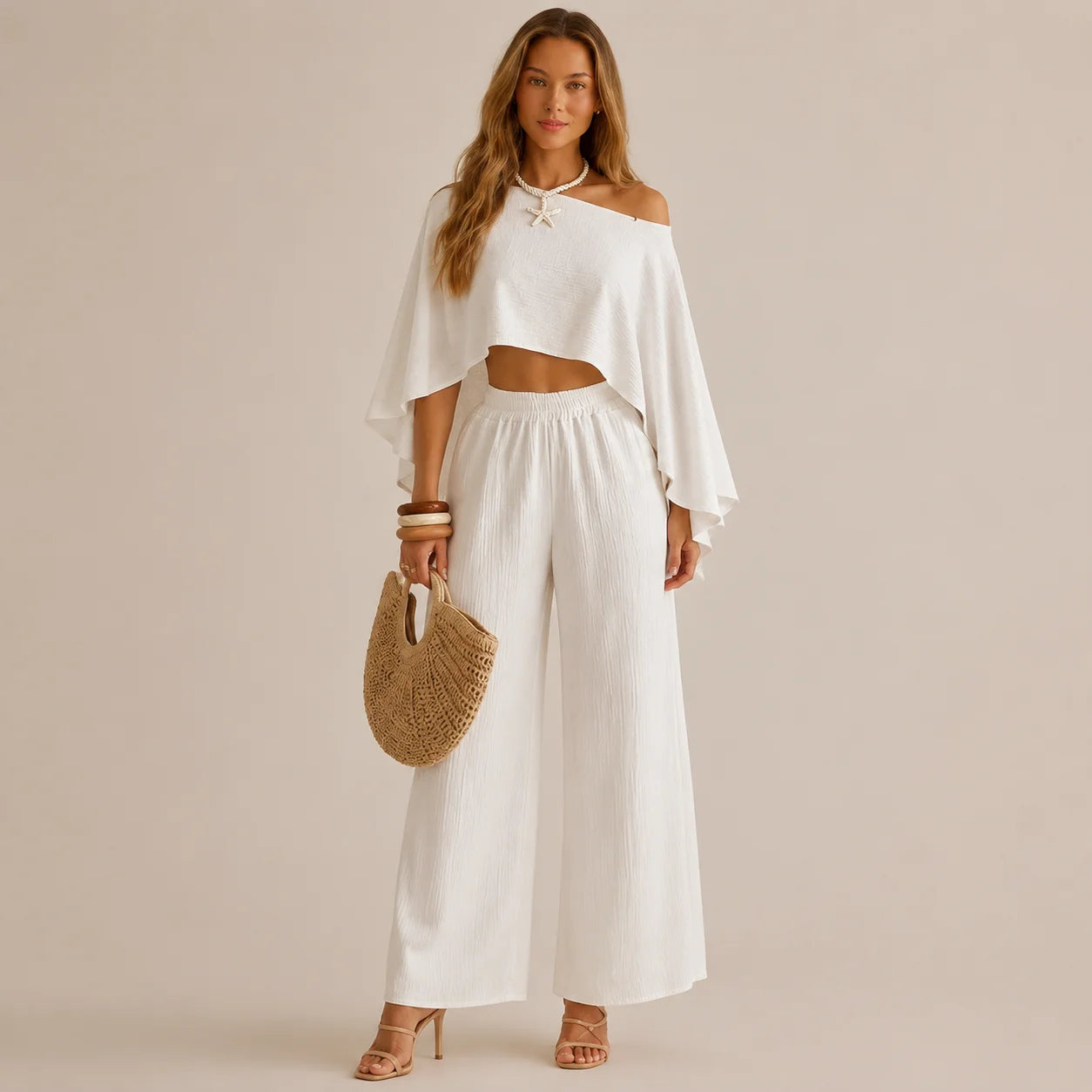 Off-Shoulder Cape Top & Wide Leg Pants Set – Beach Vacation 2-Piece | Oyese