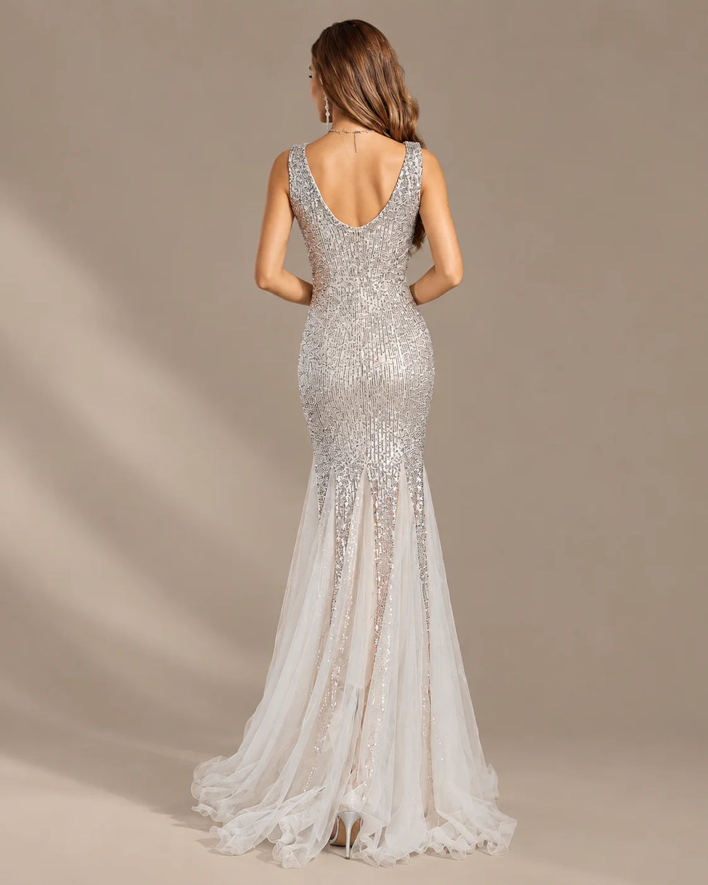 Deep V-Neck Beaded Tulle Mermaid Evening Gown | Oyese