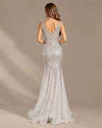 Deep V-Neck Beaded Tulle Mermaid Evening Gown | Oyese