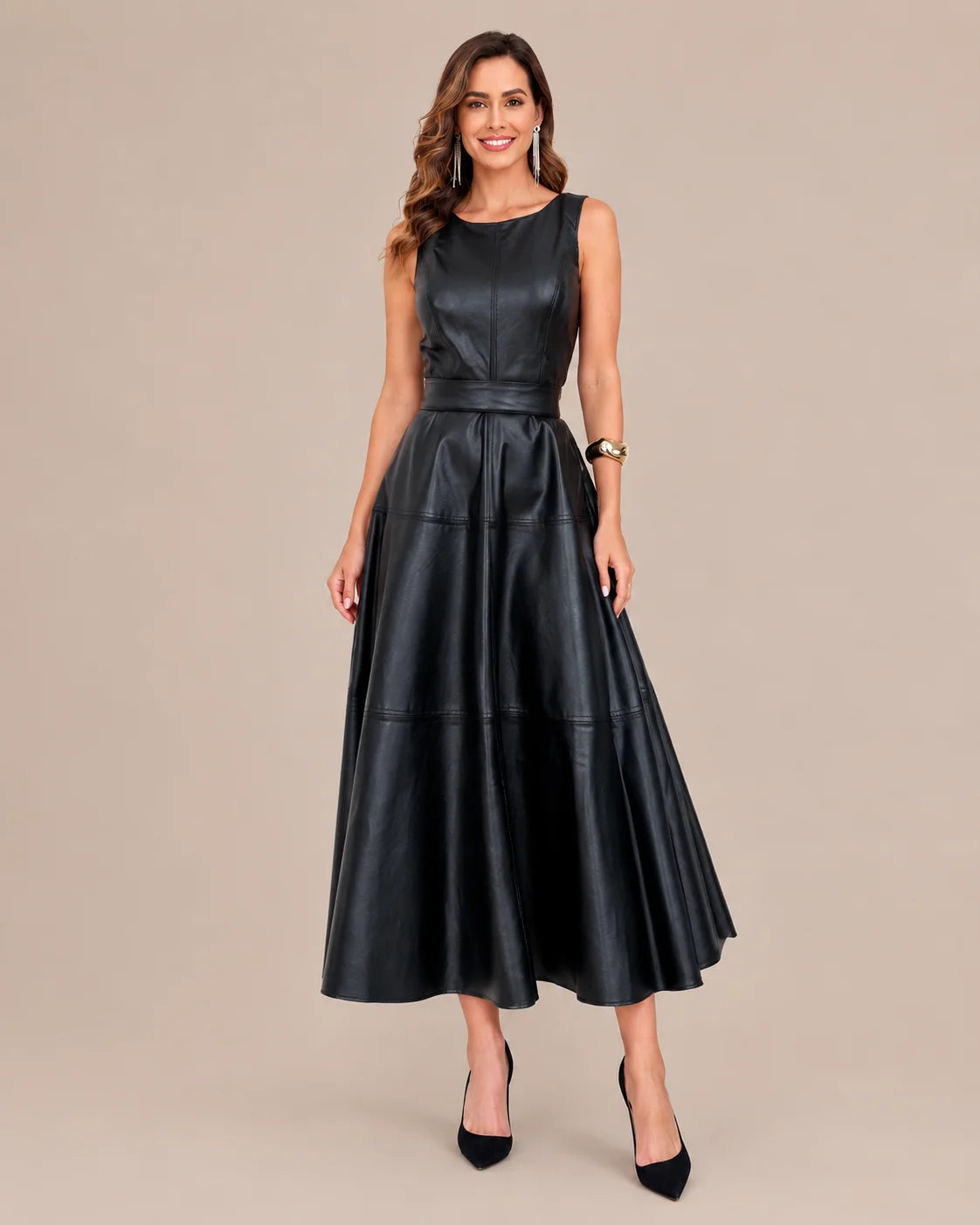 Sleeveless Faux Leather Belted A-Line Midi Dress | Oyese