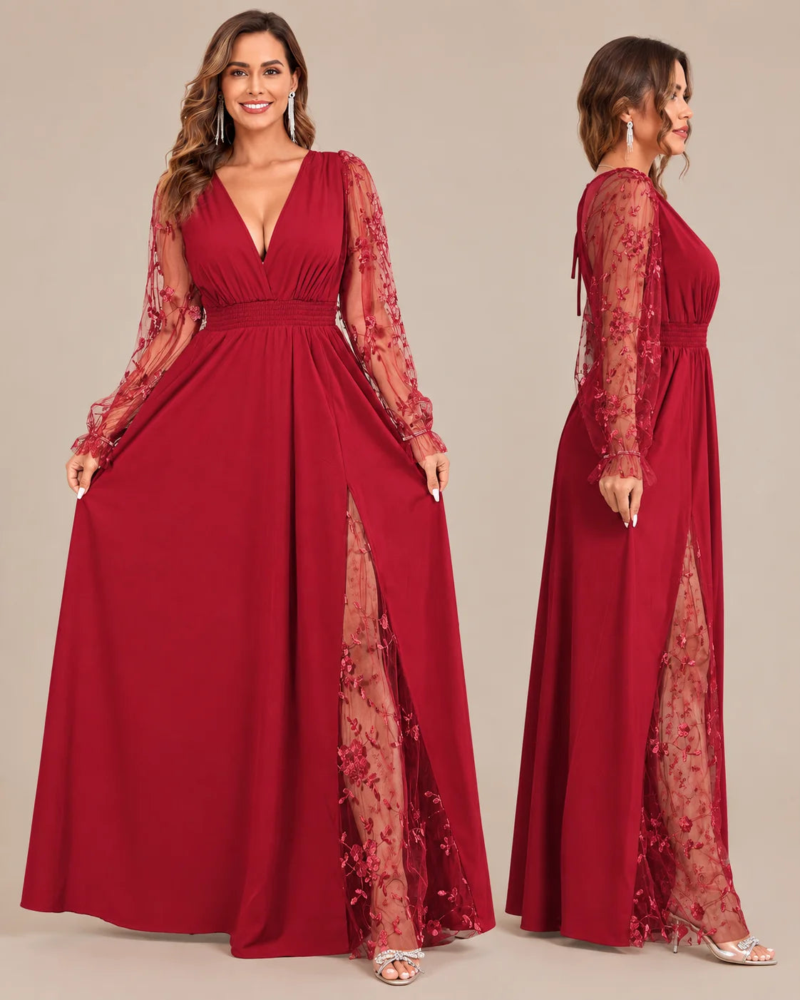 Plus Size Deep V Lace Sleeve Slit Maxi Gown | Oyese