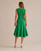 Twisted Knot Waist Midi Dress – Sleeveless Round Neck Office Dress | Oyese