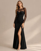 Illusion Neckline Sheer Sleeve Side Ruched Maxi Dress with Slit | Oyese