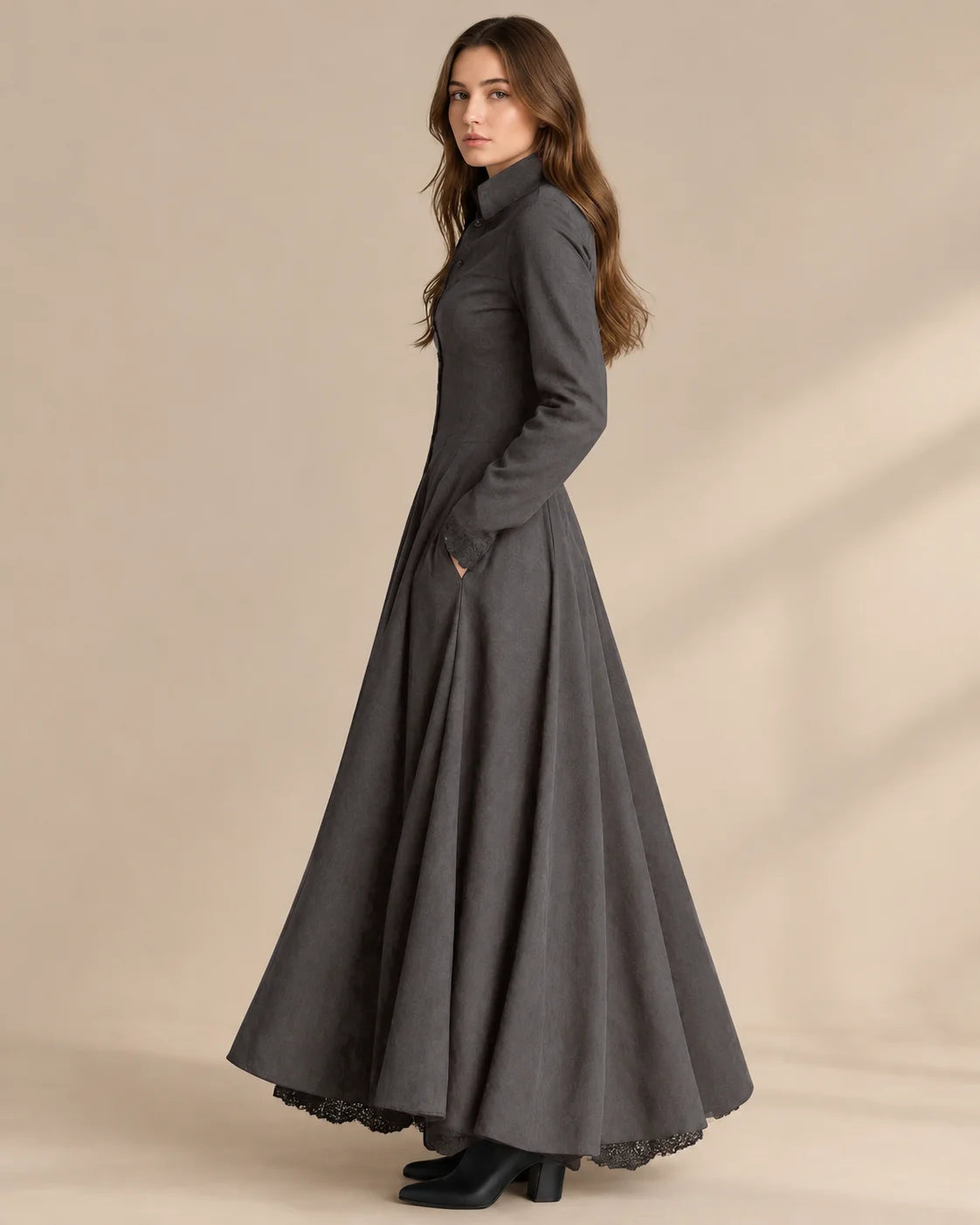 Faux Suede Button Front Maxi Dress – Long Sleeve Vintage Shirt Dress | Oyese