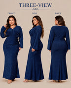 Plus Size V-Neck Glitter Mermaid Gown – Long Sleeve Sparkle Evening Dress | Oyese