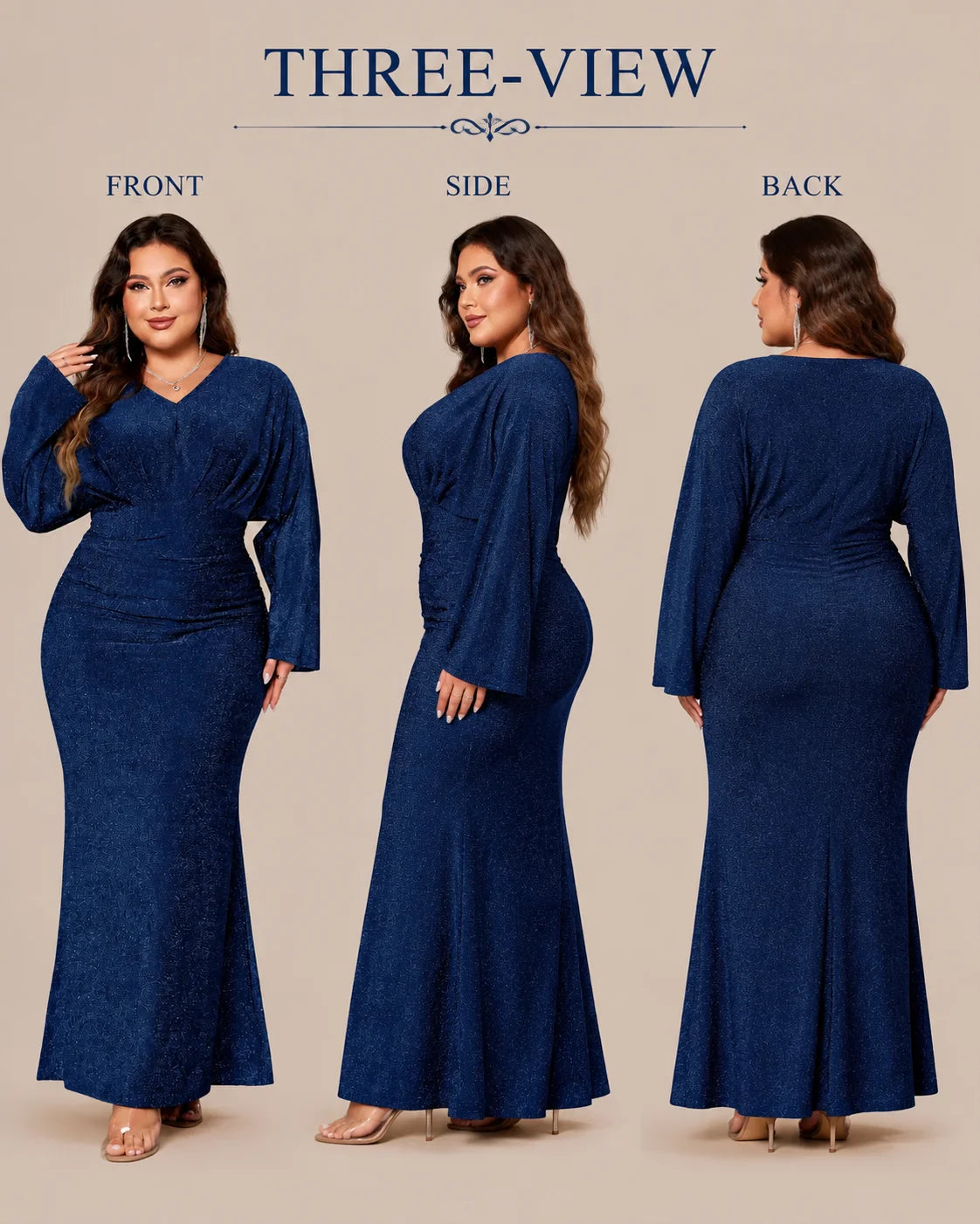 Plus Size V-Neck Glitter Mermaid Gown – Long Sleeve Sparkle Evening Dress | Oyese