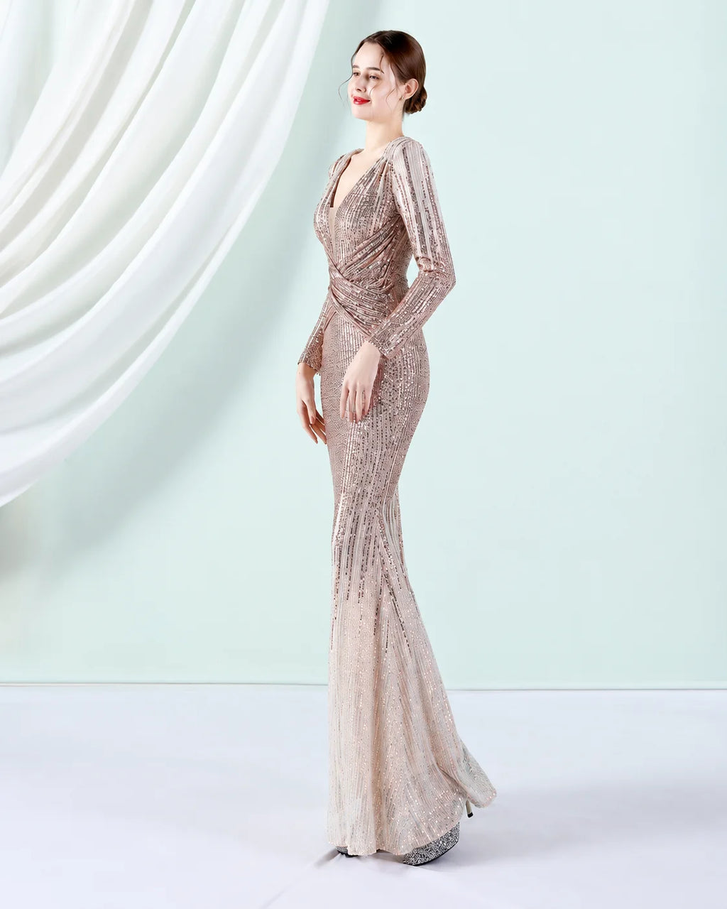 Deep V Long Sleeve Ombre Sequin Mermaid Evening Gown | Oyese