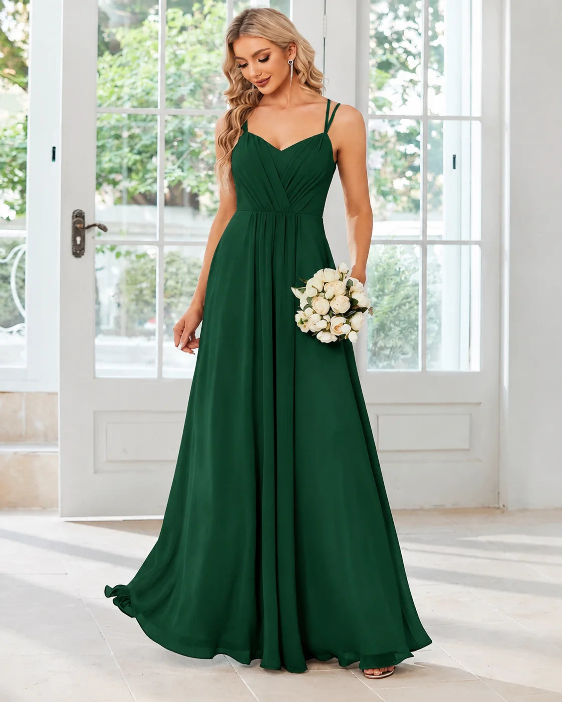 V-Neck Open Back Pleated A-Line Bridesmaid Gown | Oyese