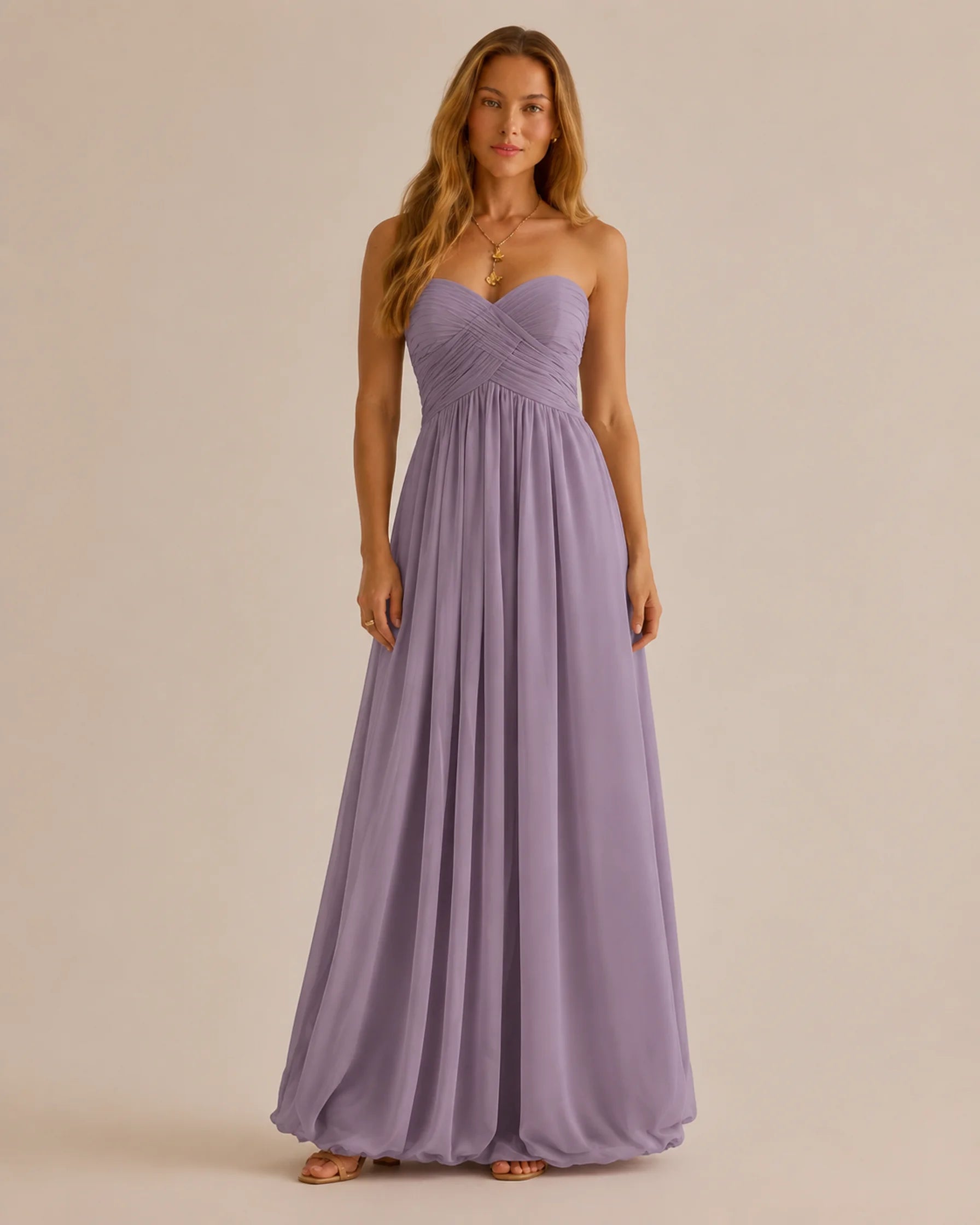 Strapless Sweetheart Chiffon A-Line Maxi Dress – Bridesmaid Formal Gown | Oyese