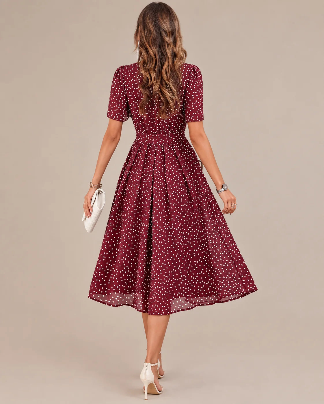 Polka Dot Tie Waist Fit-and-Flare Midi Dress | Oyese