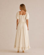 Off-Shoulder Corset Puff Sleeve Ruffle Maxi Dress – Renaissance Style | Oyese