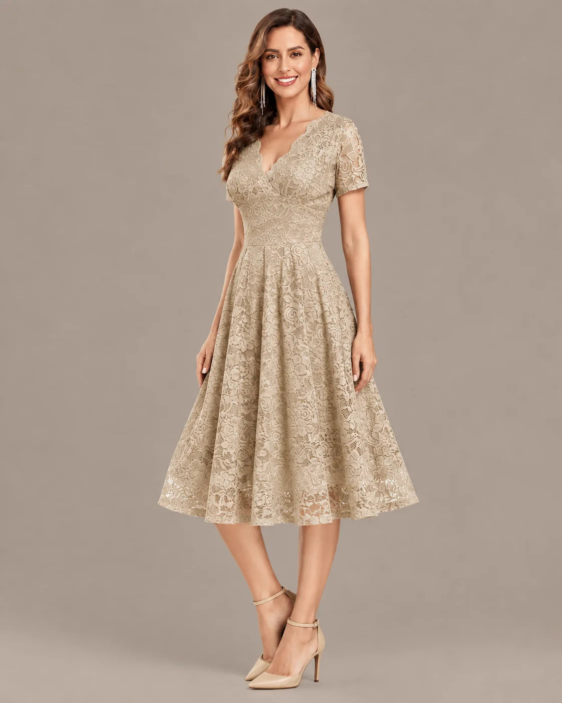Lace V-Neck Short Sleeve Fit-and-Flare Knee Dress | Oyese