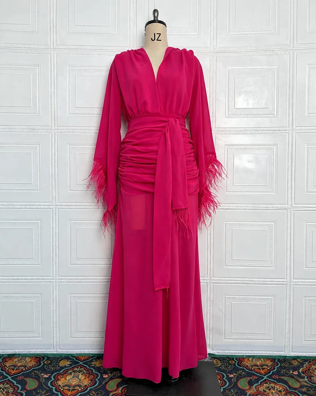 Deep V Long Sleeve Feather Cuff Maxi Dress with Slit | Oyese