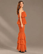 Strapless Pleated Tiered Ruffle Fitted Maxi Dress | Oyese