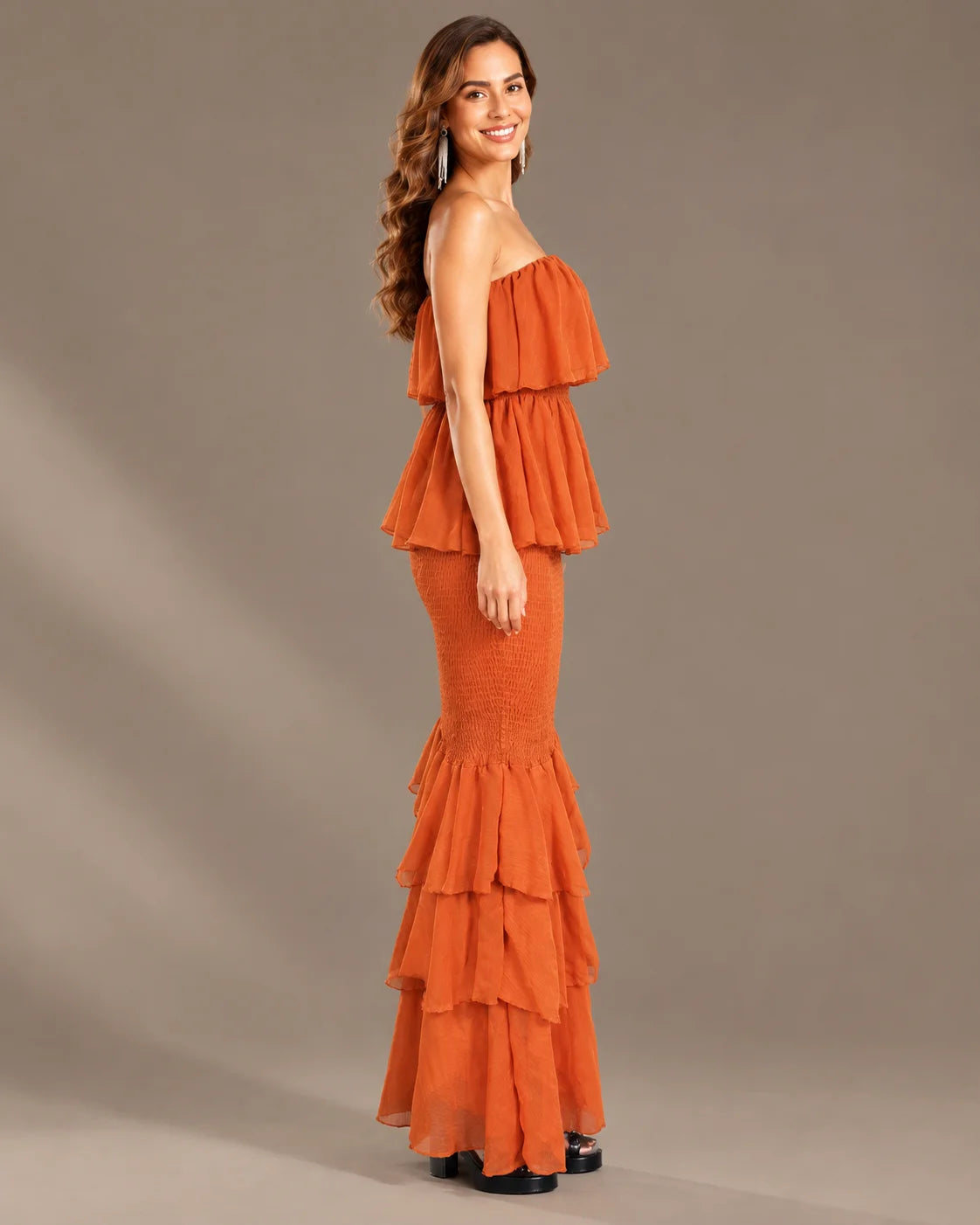 Strapless Pleated Tiered Ruffle Fitted Maxi Dress | Oyese