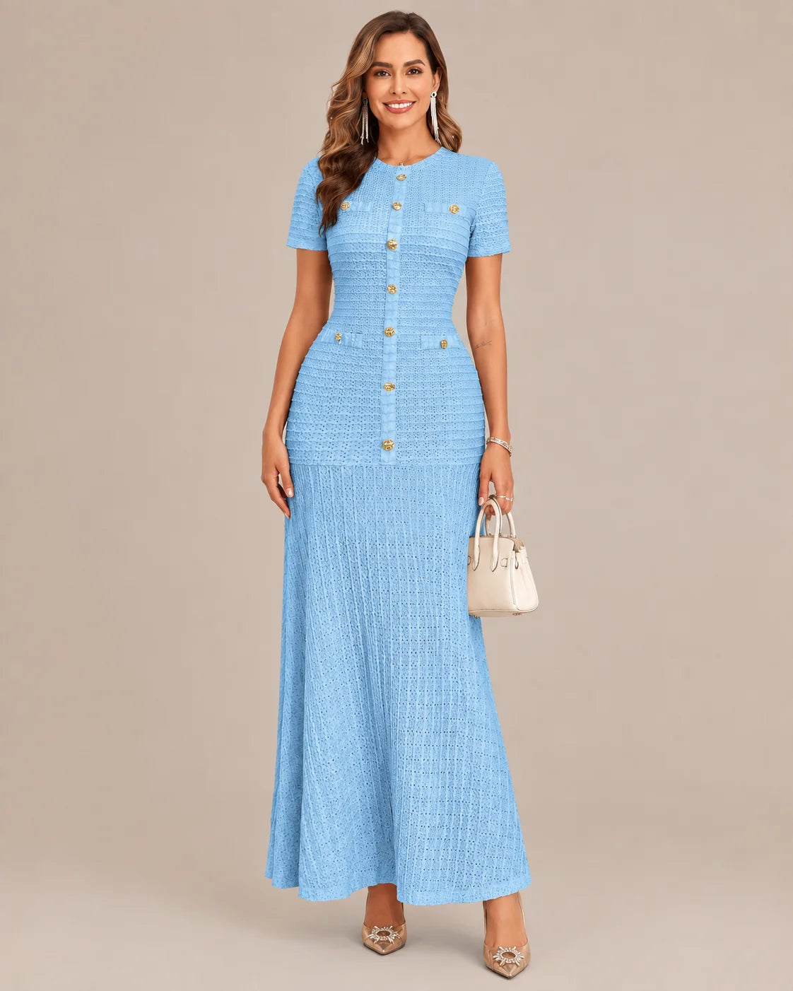 Textured Tweed Button Front Fitted Flare Midi Dress | Oyese