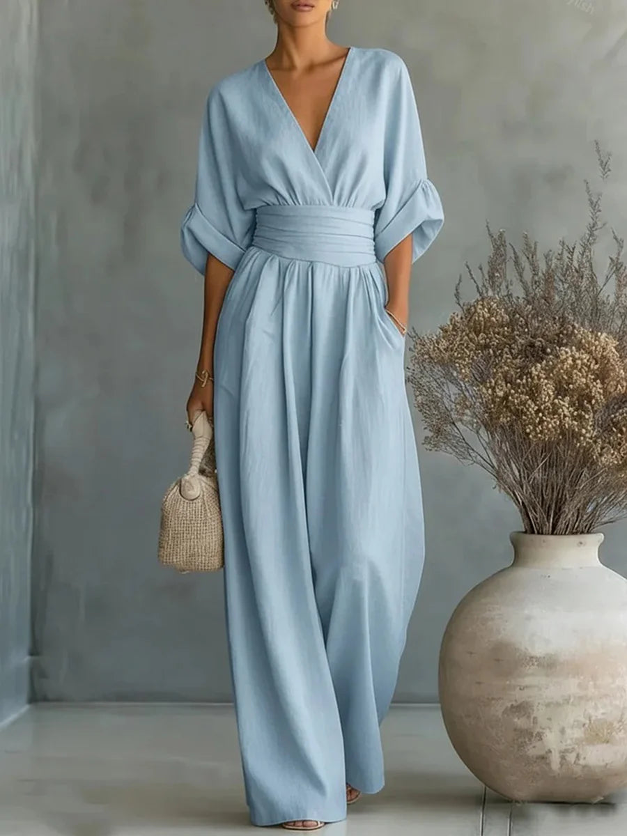 Women's Elegant V-Neck Wide-Leg Jumpsuit