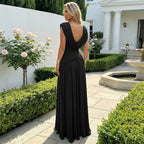 Cowl Neck Draped Ruched Gown – Asymmetric Open Back High Slit Maxi Dress | Oyese