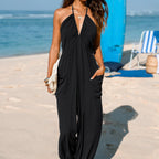 Halter Neck Wide-Leg Jumpsuit in Tropical Print