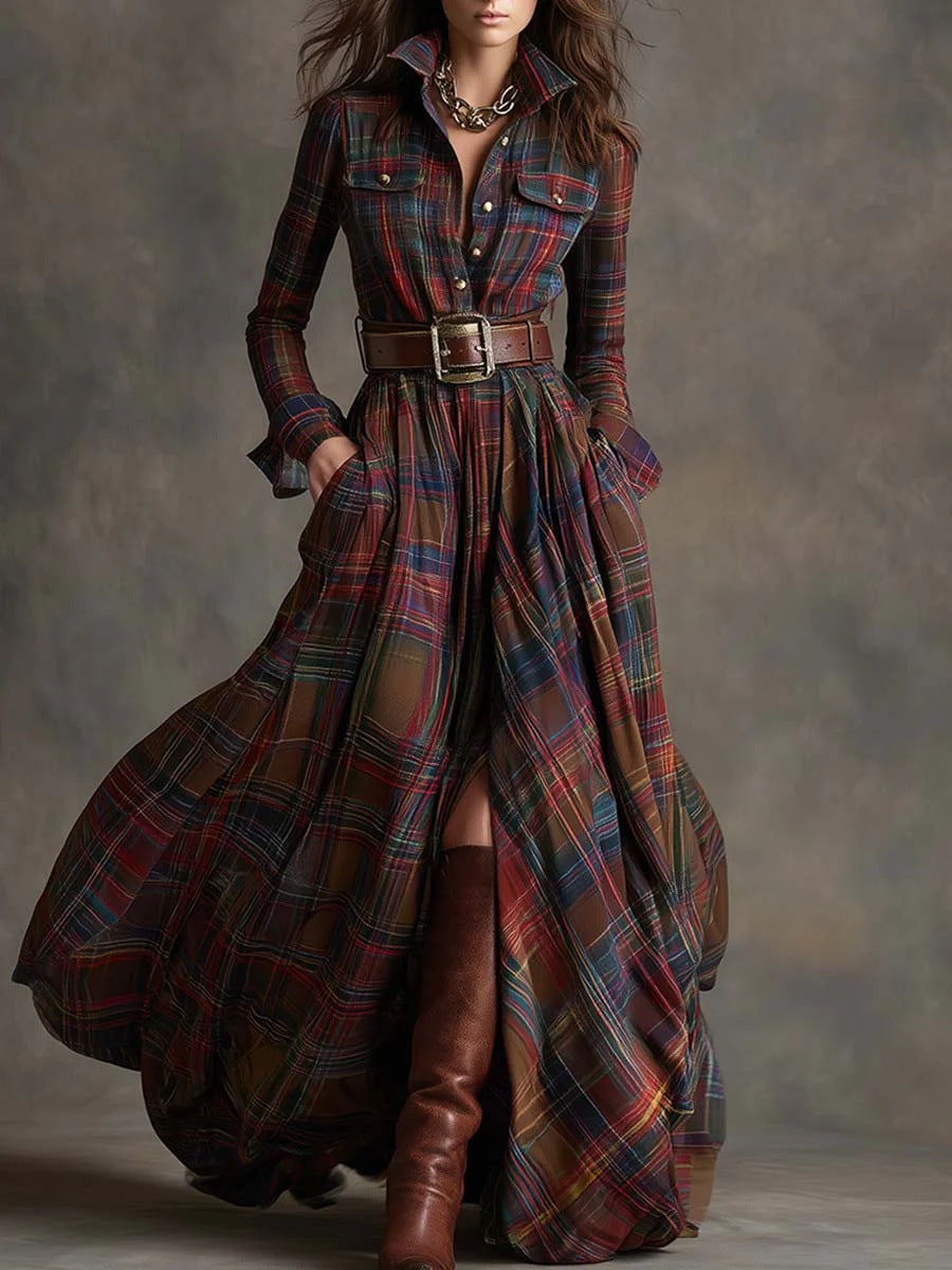Women's Tartan Plaid Maxi Shirt Dress