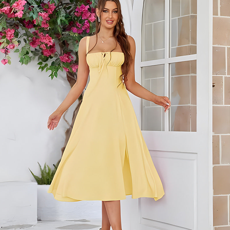 Square Neck Tie Front A-Line Midi Dress – Floral & Solid Summer Dress | Oyese
