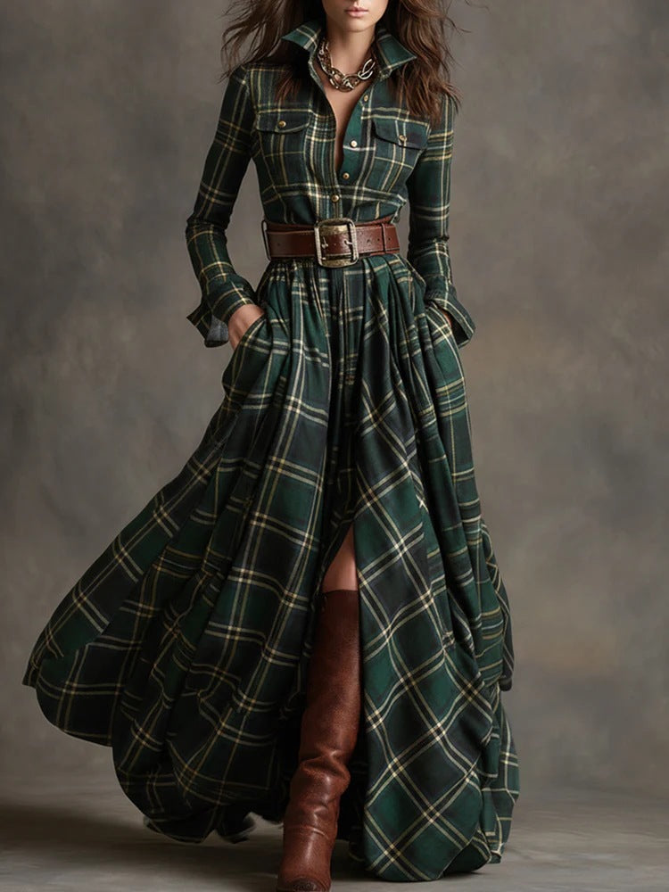 Women's Tartan Plaid Maxi Shirt Dress