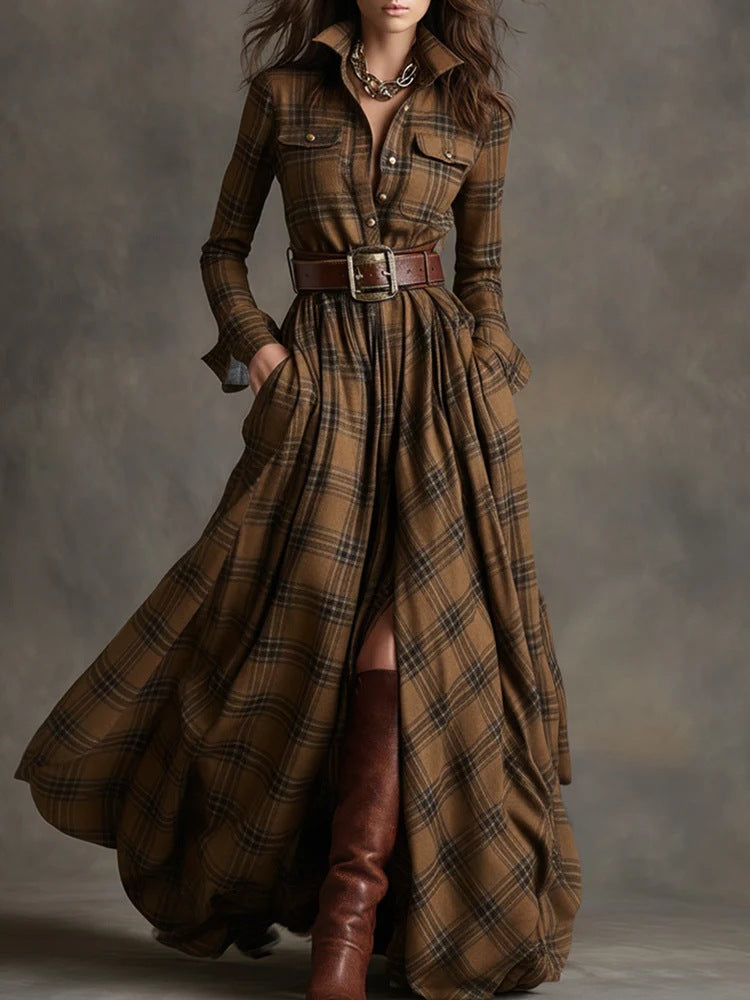 Women's Tartan Plaid Maxi Shirt Dress
