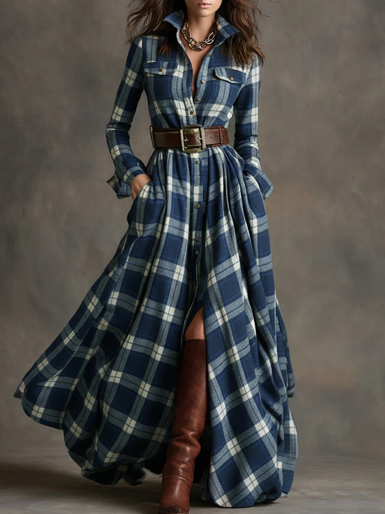 Women's Tartan Plaid Maxi Shirt Dress