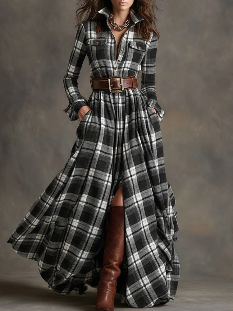 Women's Tartan Plaid Maxi Shirt Dress