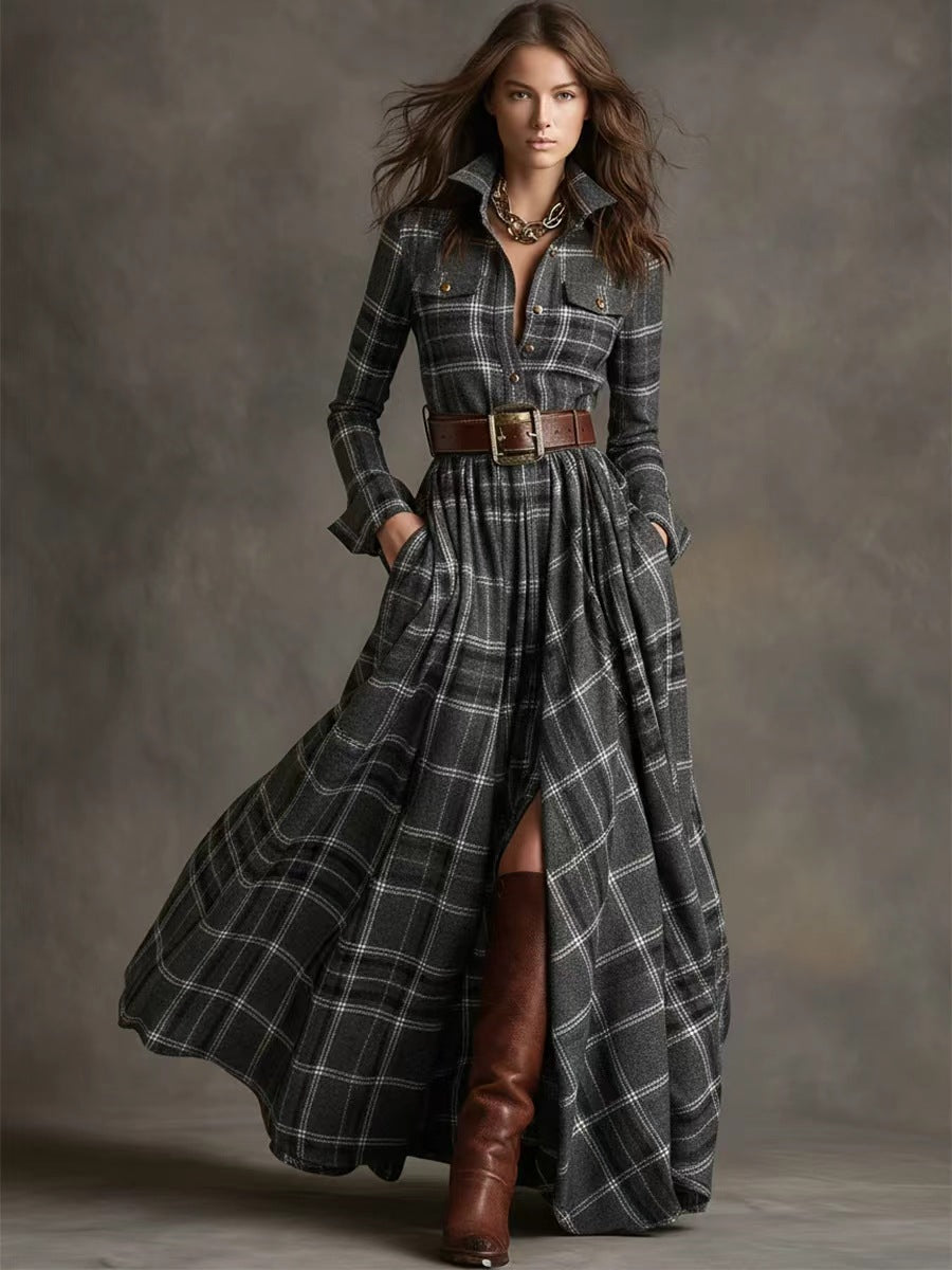 Women's Tartan Plaid Maxi Shirt Dress