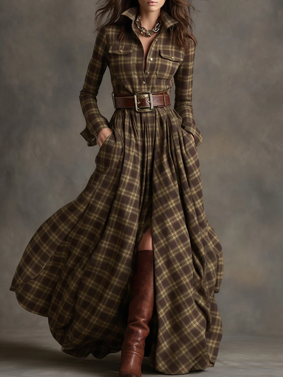 Women's Tartan Plaid Maxi Shirt Dress