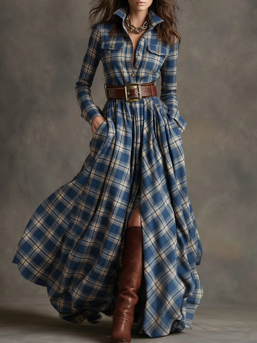 Women's Tartan Plaid Maxi Shirt Dress