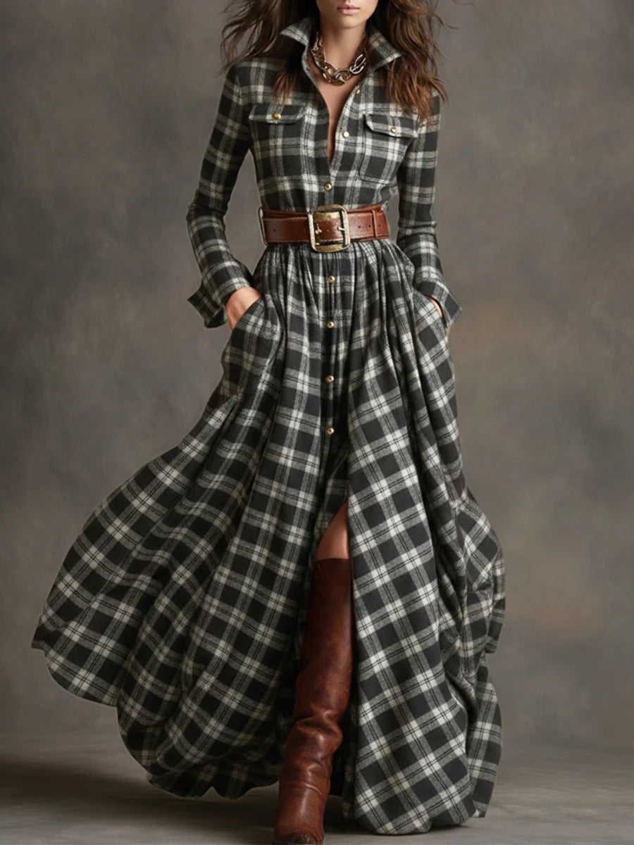 Women's Tartan Plaid Maxi Shirt Dress