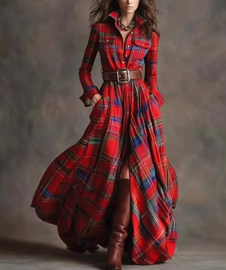 Women's Tartan Plaid Maxi Shirt Dress