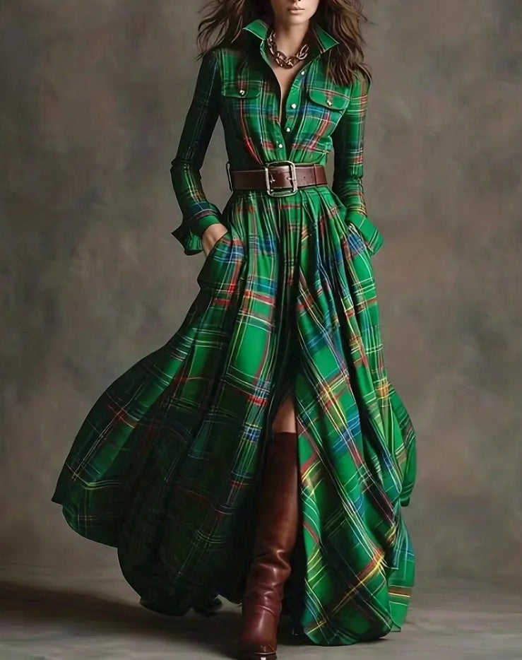 Women's Tartan Plaid Maxi Shirt Dress