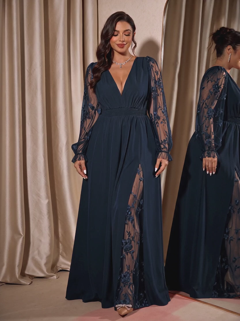 Plus Size Deep V Lace Sleeve Slit Maxi Gown | Oyese