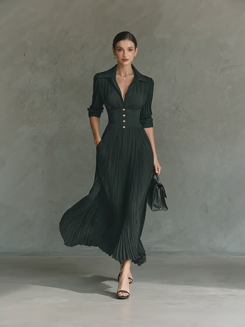 Shirt Collar Button Front Pleated A-Line Maxi Dress | Oyese