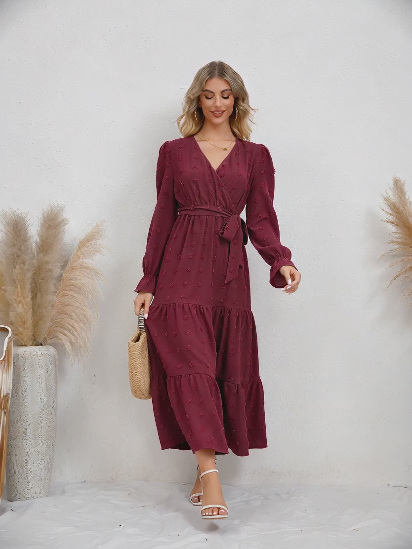 V-Neck Wrap Belted Tiered Swing Maxi Dress | Oyese