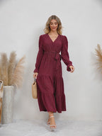 V-Neck Wrap Belted Tiered Swing Maxi Dress | Oyese