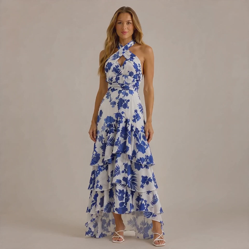 Halter Wrap Tiered Ruffle Maxi Dress – Floral Boho Vacation Gown | Oyese