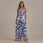Halter Wrap Tiered Ruffle Maxi Dress – Floral Boho Vacation Gown | Oyese